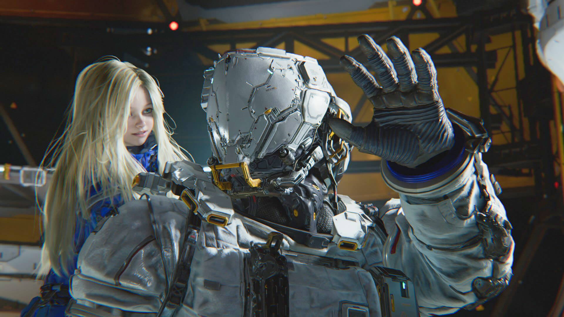 A cinematic story moment from Pragmata depicting the protagonist and Diana gazing up at a glitched, holographic representation of Earth from the lunar surface.