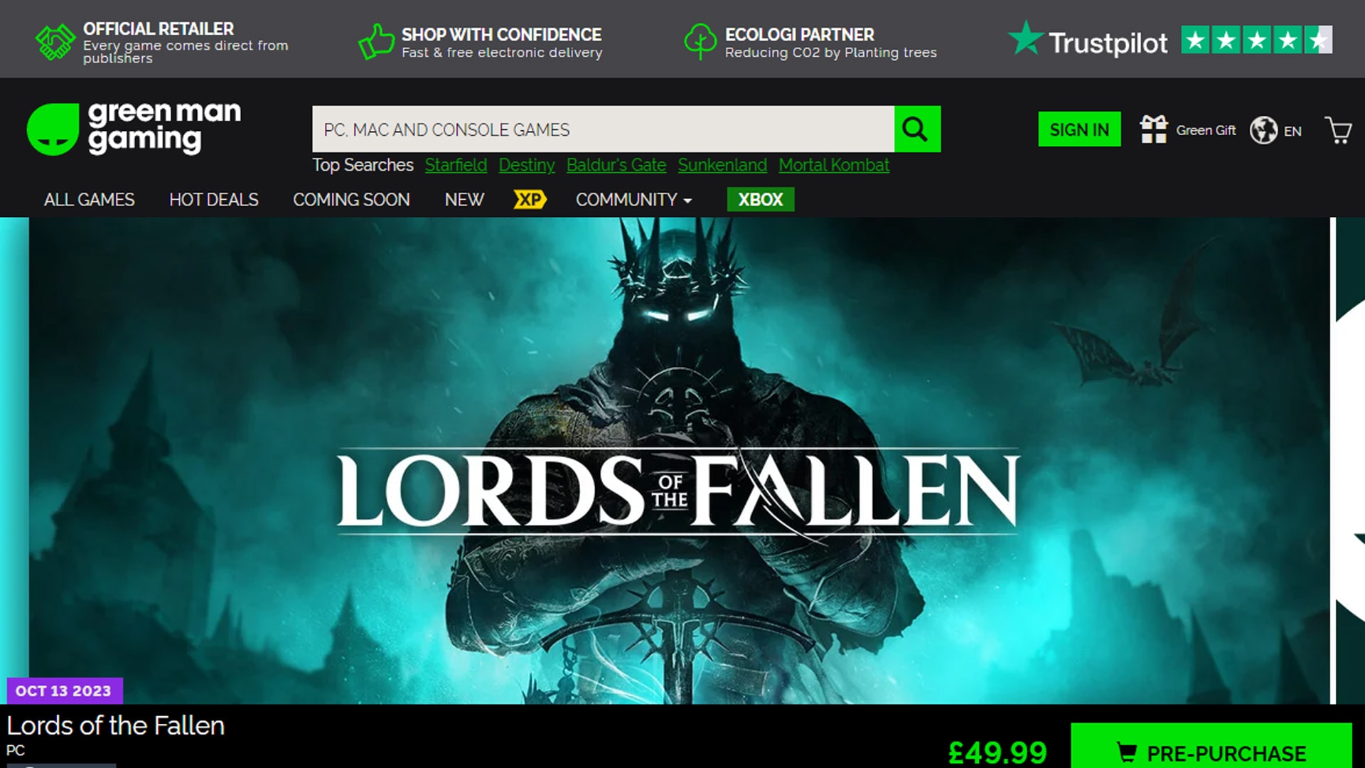 Screenshot of the Green Man Gaming website storefront
