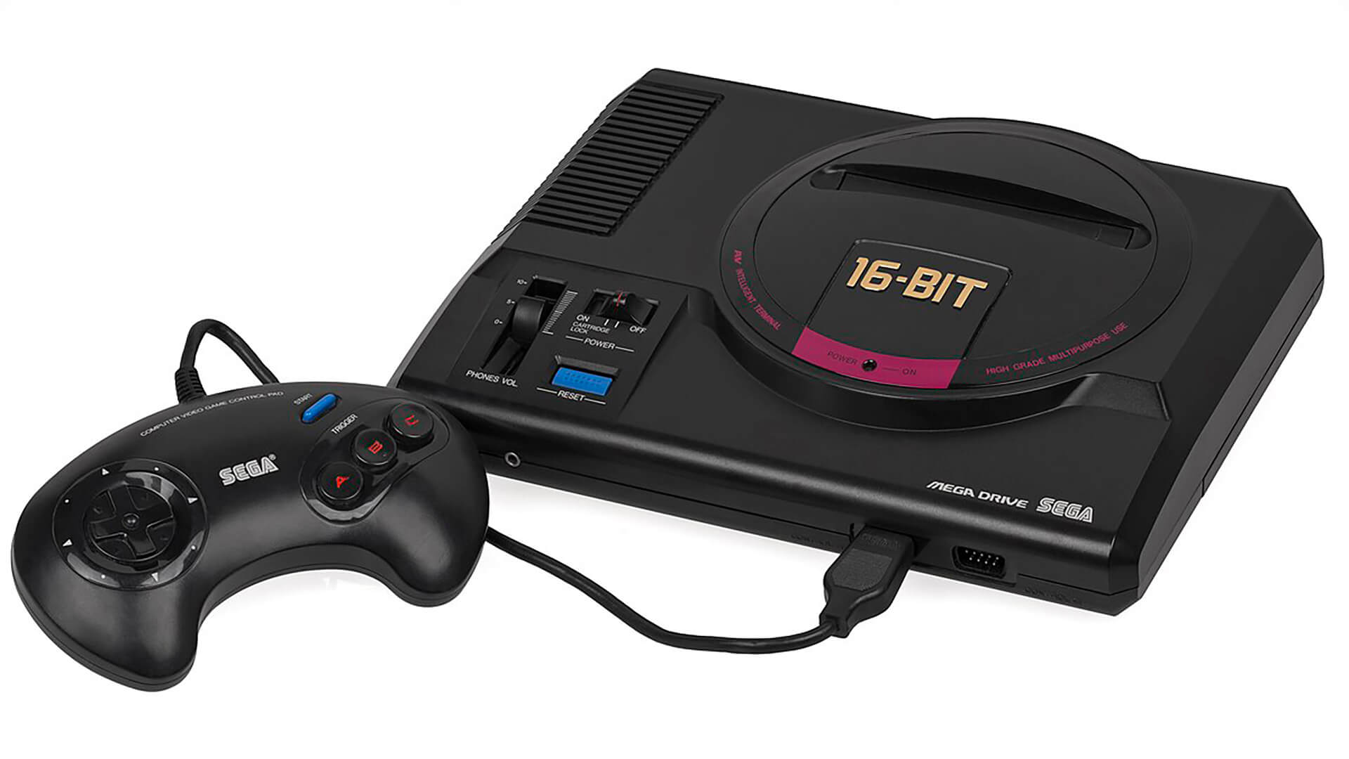 The original Japanese Sega Mega Drive Mk1 console, featuring the distinctive 16-BIT gold lettering and burgundy accents that launched Sega's arcade revolution.