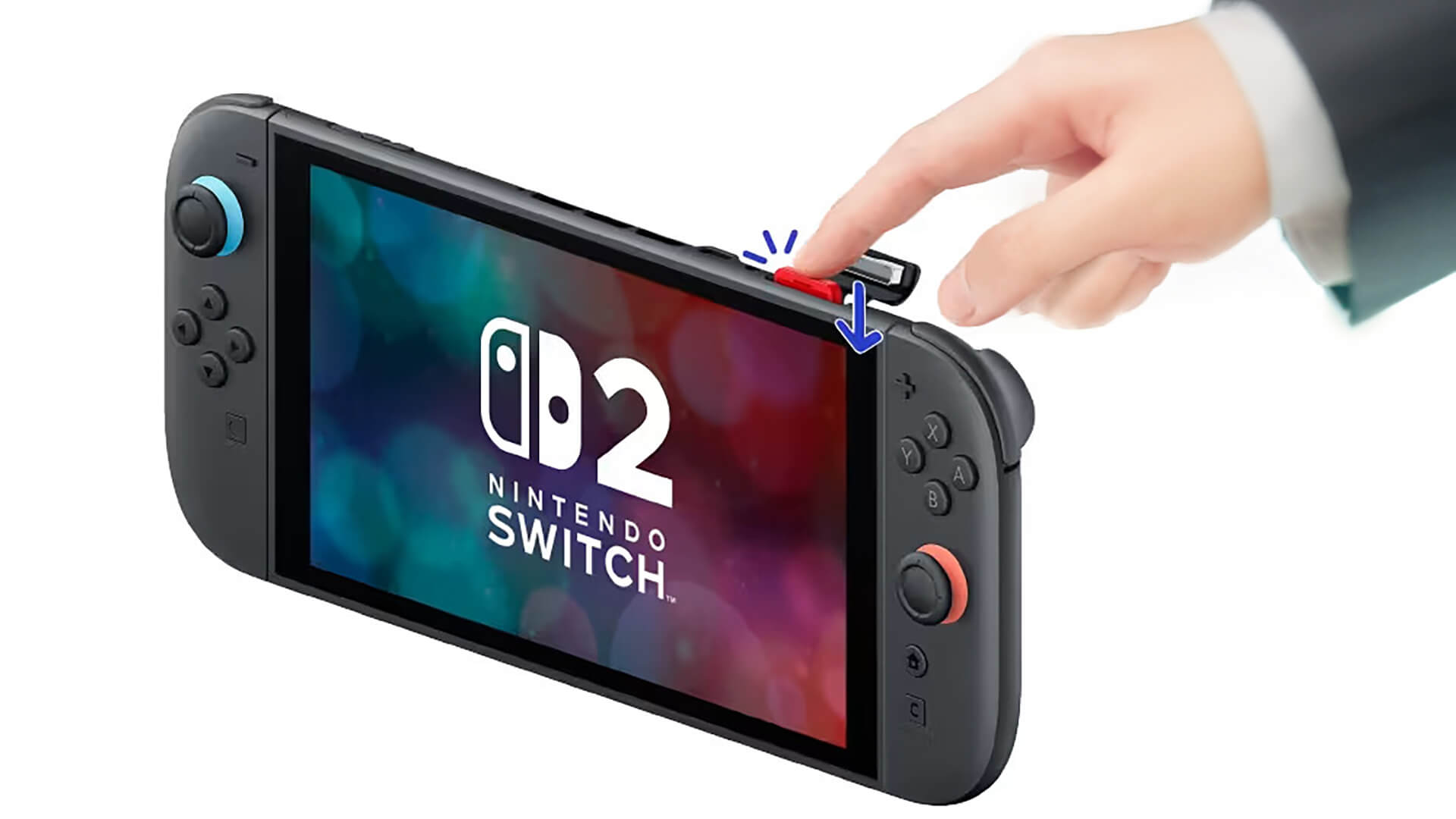A close-up view of a player inserting an original Nintendo Switch physical game cartridge into the new Nintendo Switch 2 console.