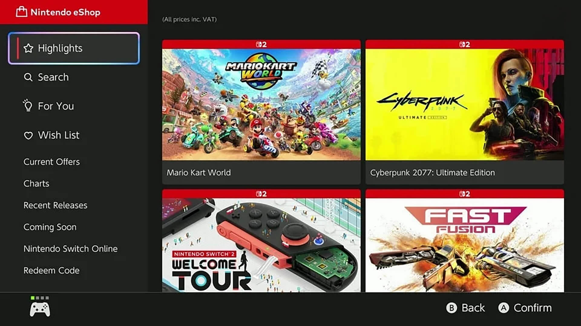 The Nintendo Switch 2 user interface displaying a library of redownloadable digital games tied to a Nintendo Account.