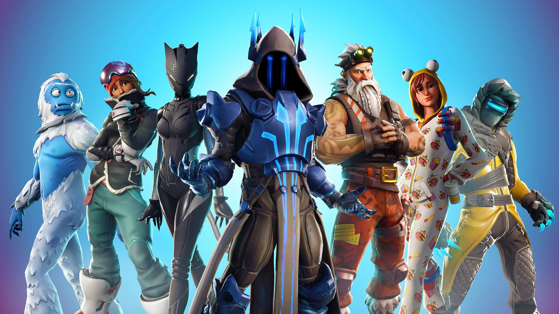 Fortnite game action featuring characters in vibrant outfits on a dynamic battlefield