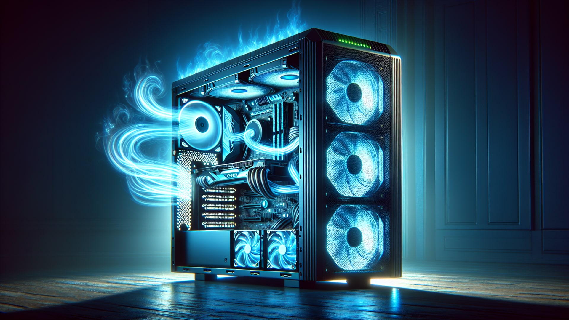 High-end gaming PC setup with efficient power supply and advanced water cooling system