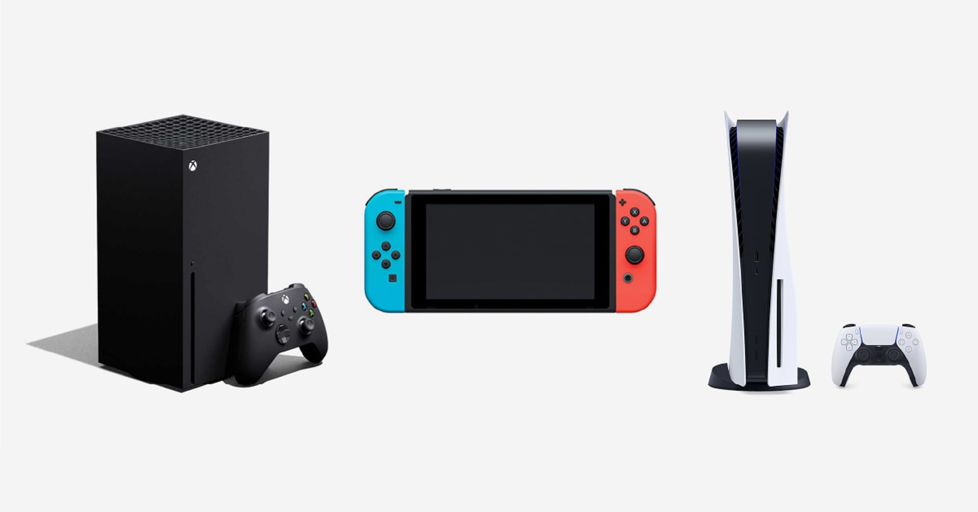 A group of the latest gaming consoles including PlayStation 5, Xbox Series X, and Nintendo Switch OLED