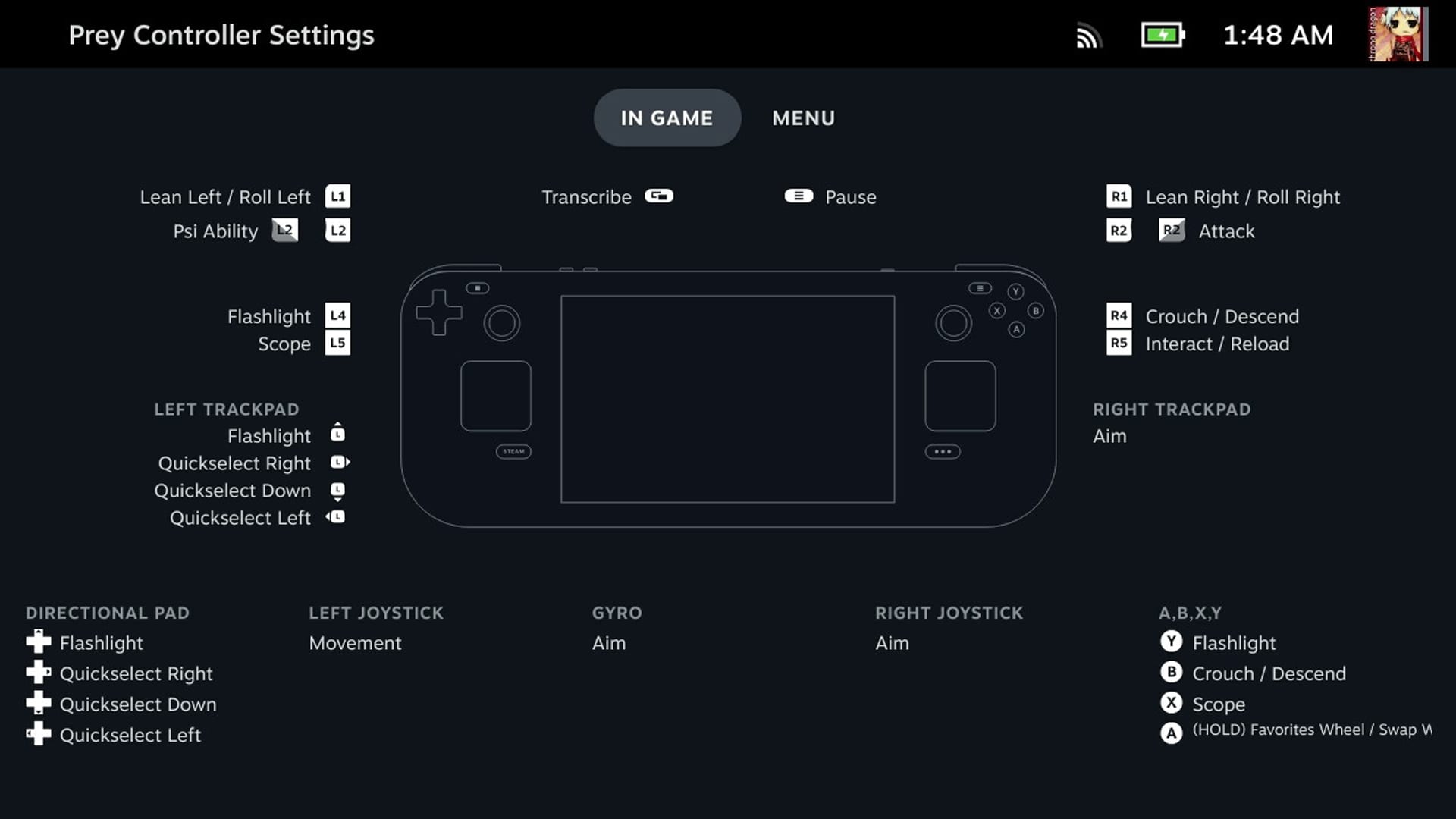 Display of the Steam Deck's customizable control settings and user interface