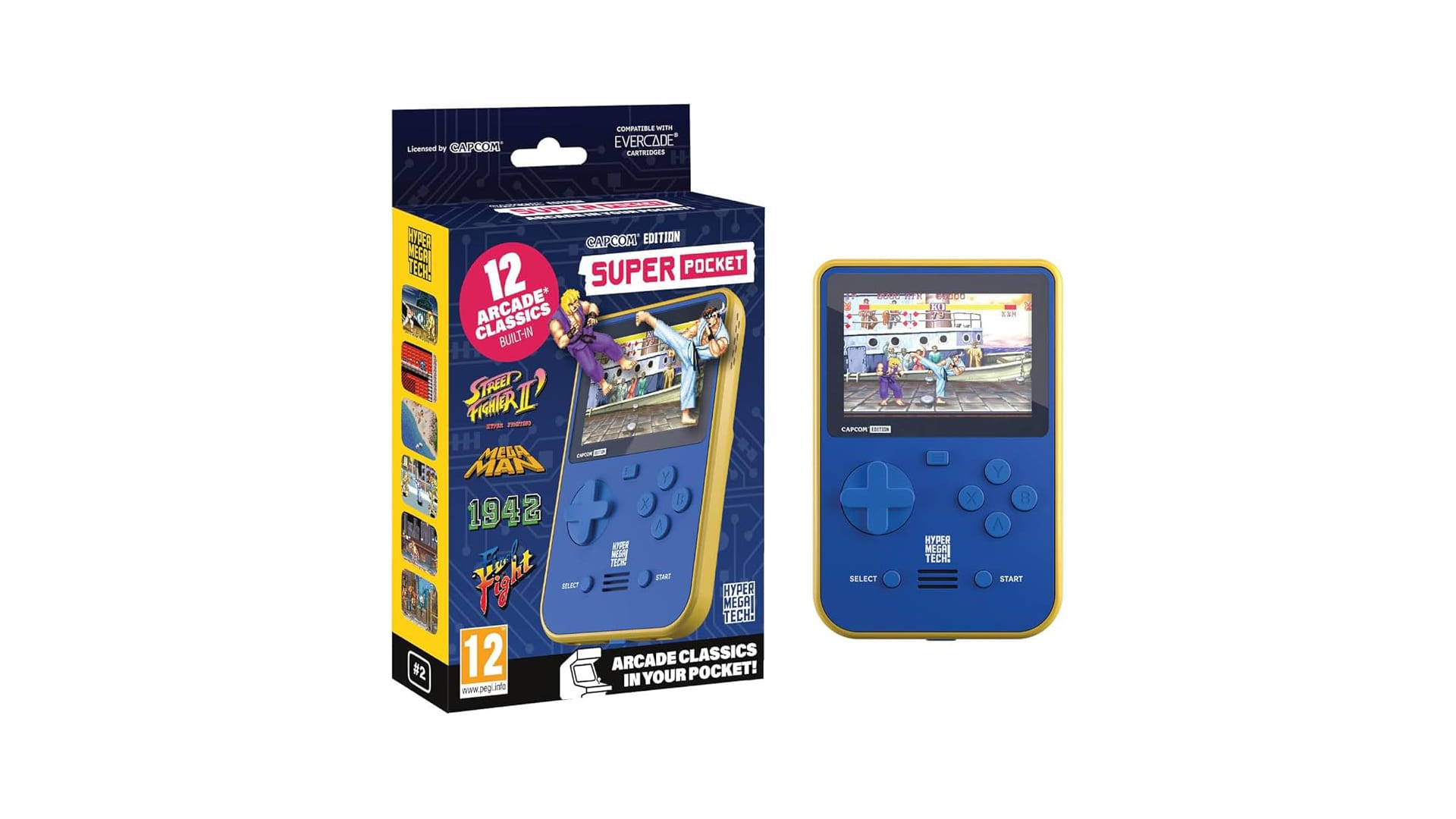 Packaging of the Super Pocket Console highlighting its retro gaming capabilities