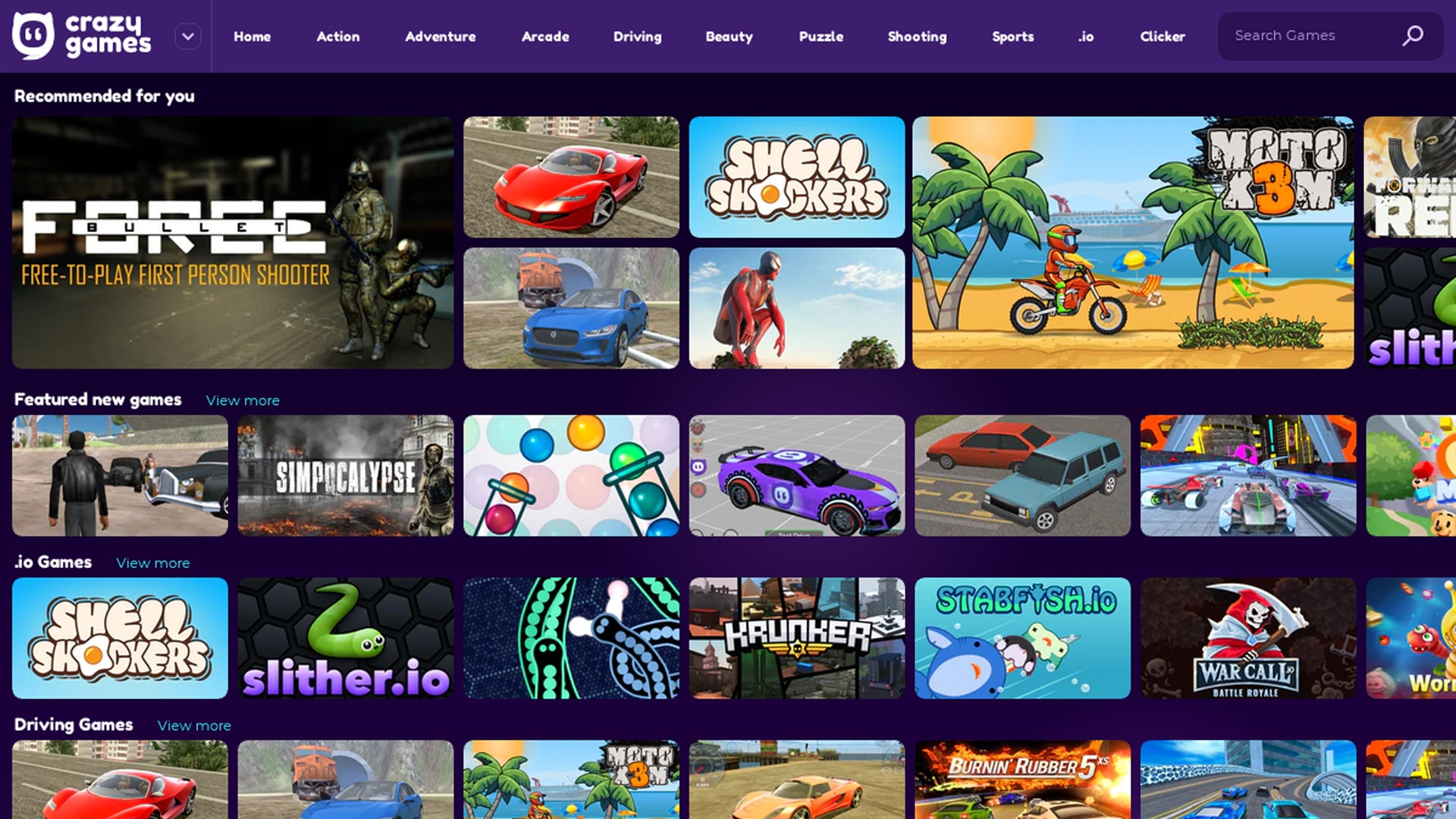 Screenshot of the Crazy Games website menu, displaying a wide selection of game categories for users to choose from
