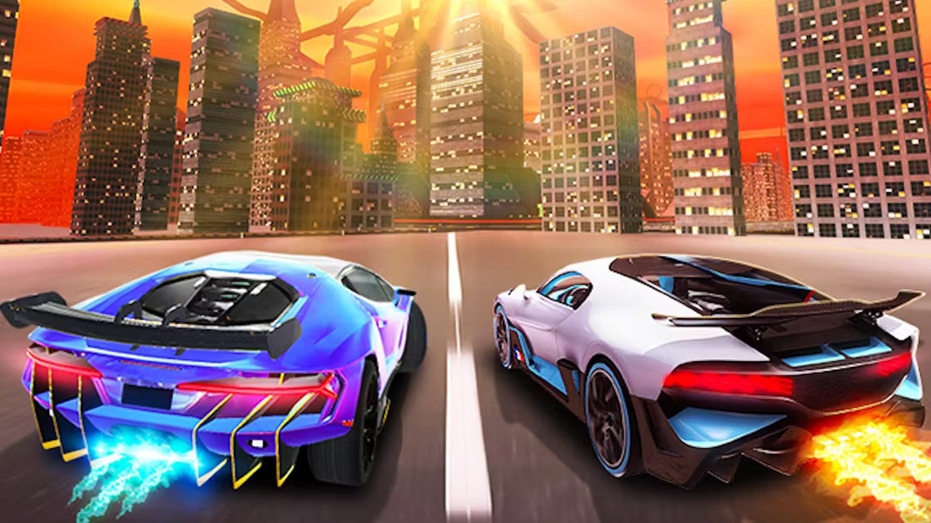 Dynamic night-time cityscape as backdrop to high-speed car racing in Night City Racing game