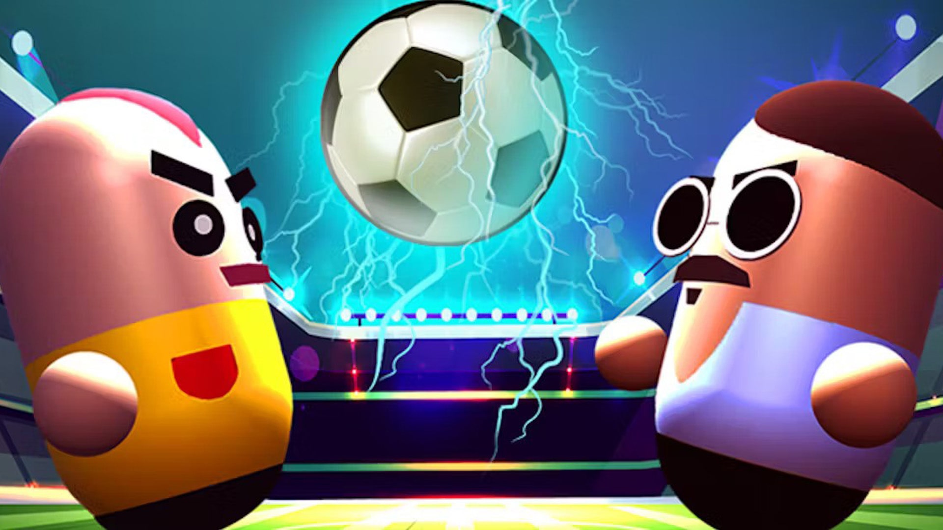 Cartoon-style soccer gameplay from Pill Soccer, featuring pill-shaped players in a competitive match