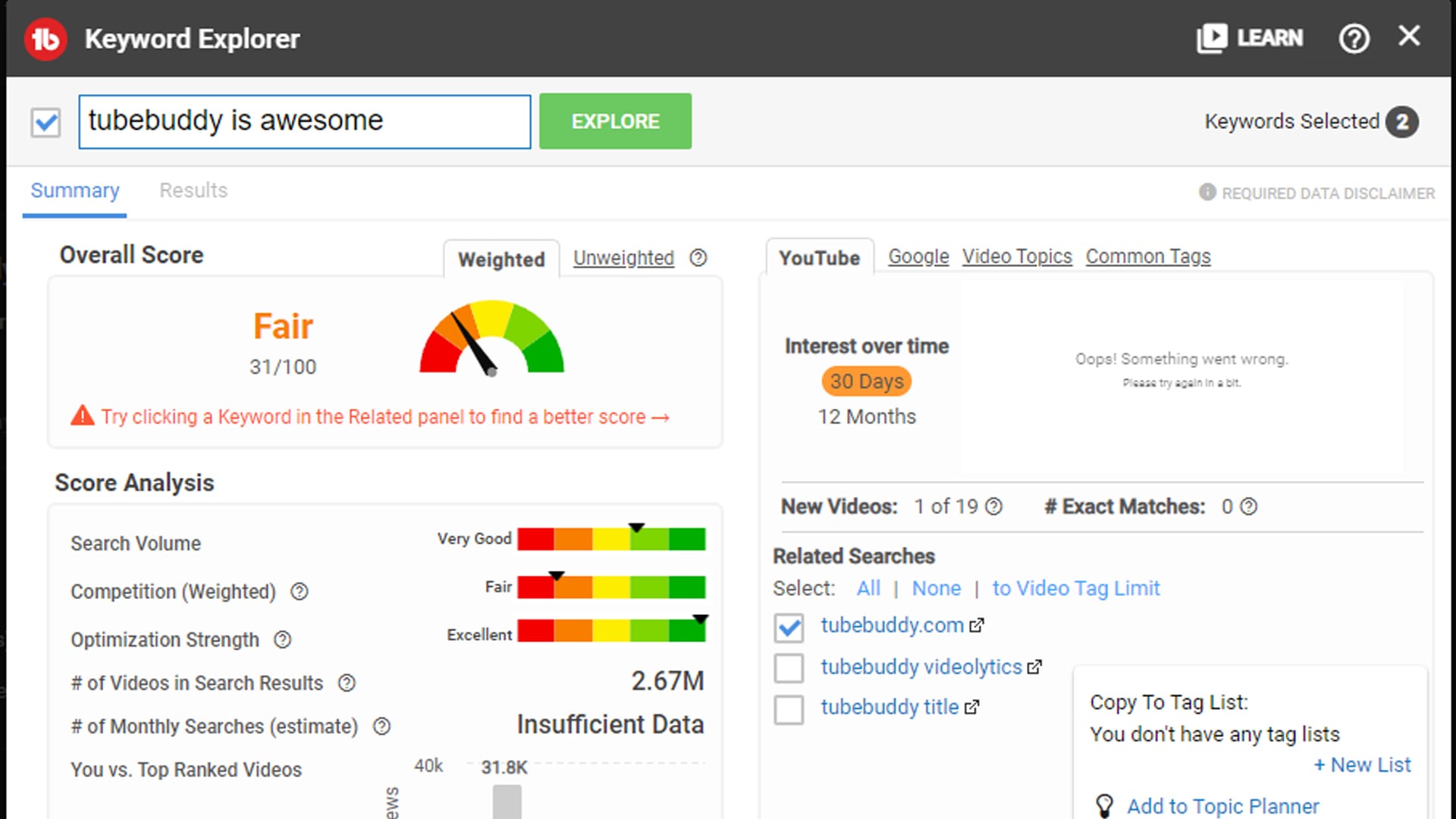 TubeBuddy interface showing keyword research and optimization features