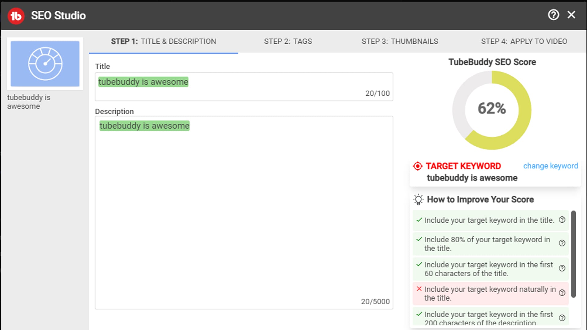 Screenshot of TubeBuddy's SEO Studio interface for YouTube optimization