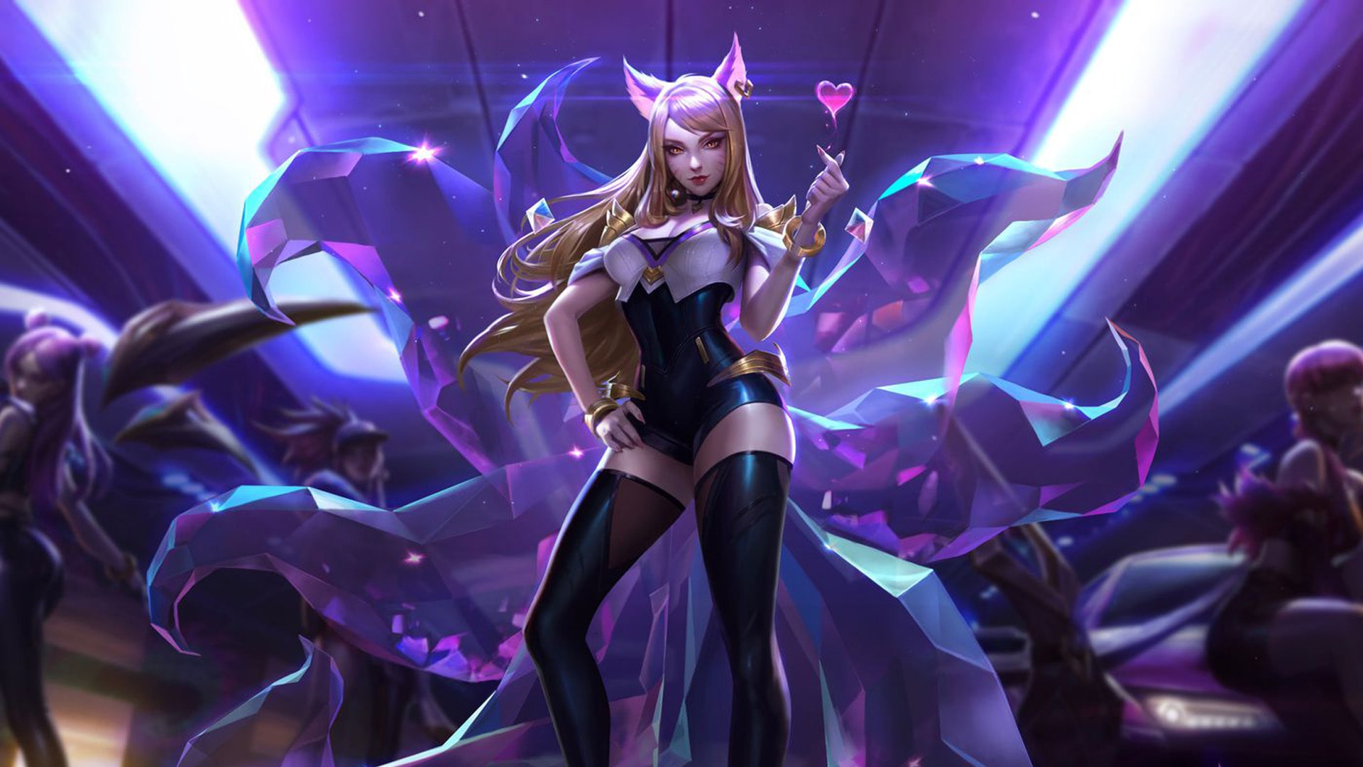 Image of K/DA, a virtual pop group from League of Legends, during a performance scene