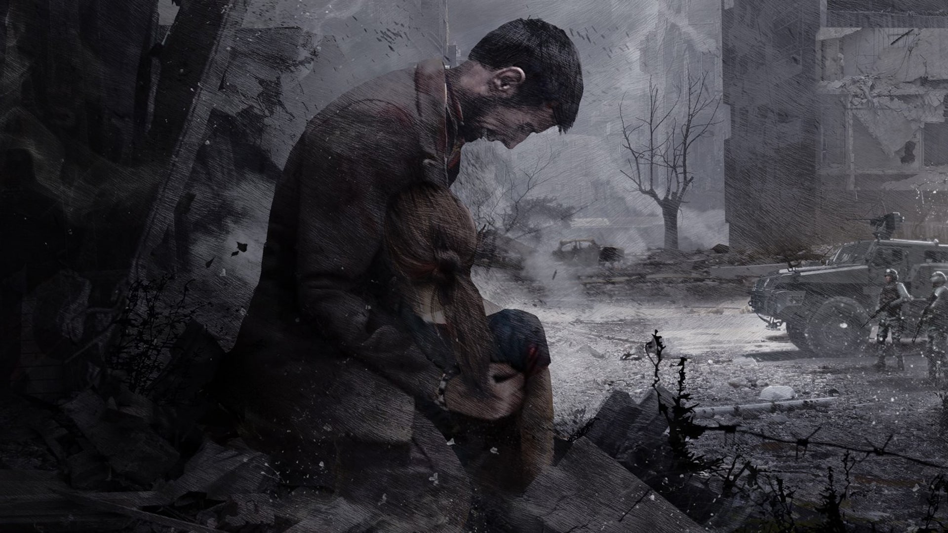 Captivating in-game scene from This War of Mine, showing the civilian impact of war