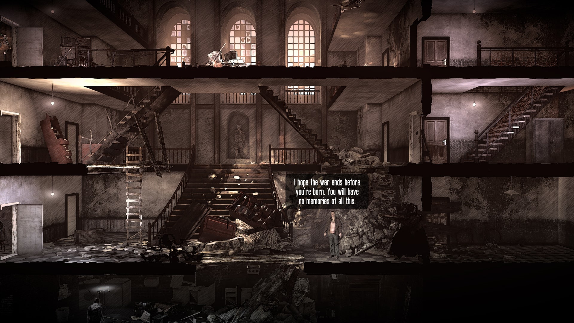 Evocative scene from This War of Mine highlighting the struggles of civilians in war