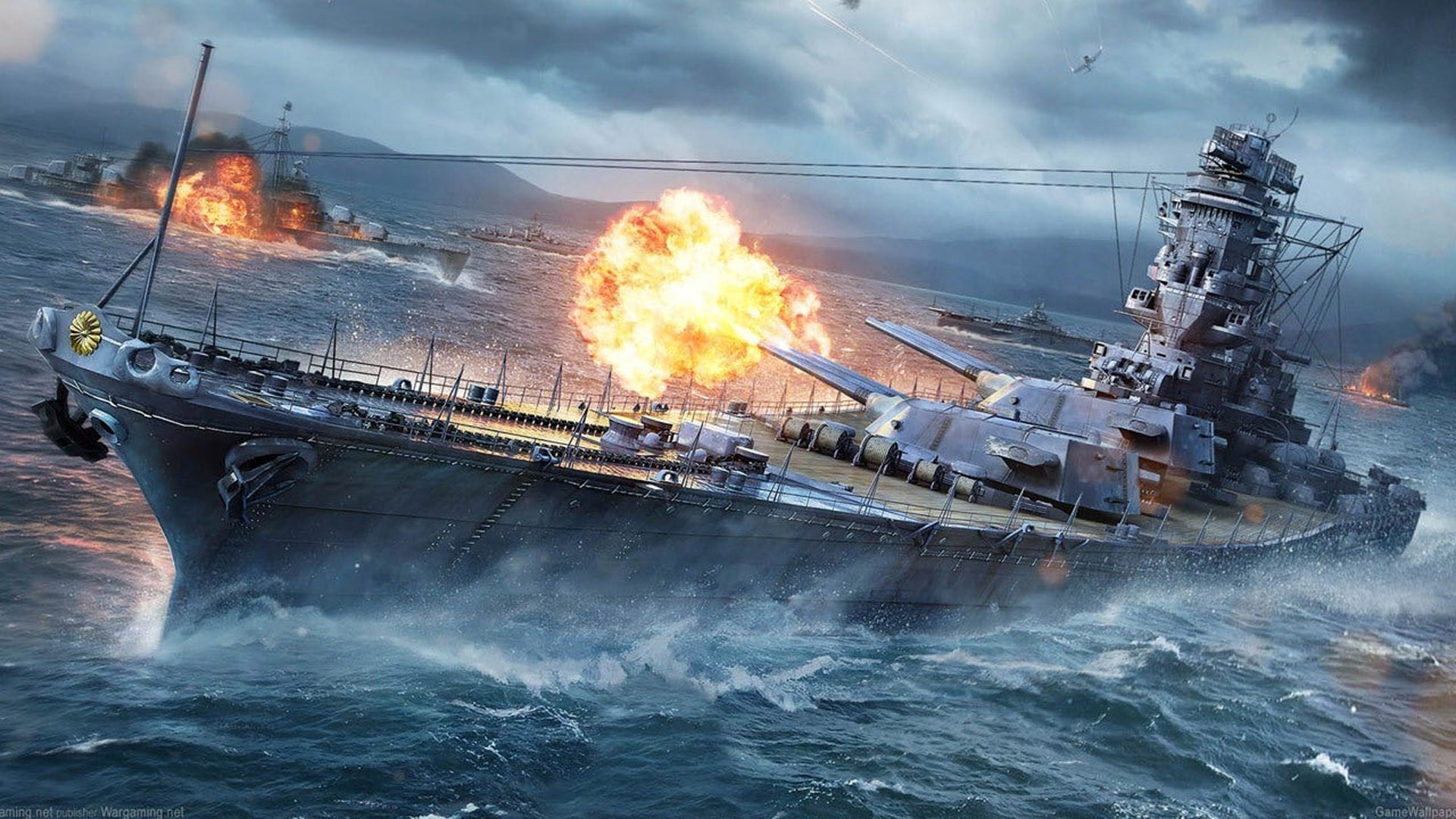 Detailed naval battle scene from World of Warships, showcasing ships and oceanic strategy